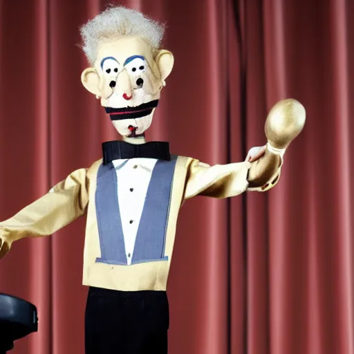 Prompt: crazy puppeteer using marionette of a president in a podium