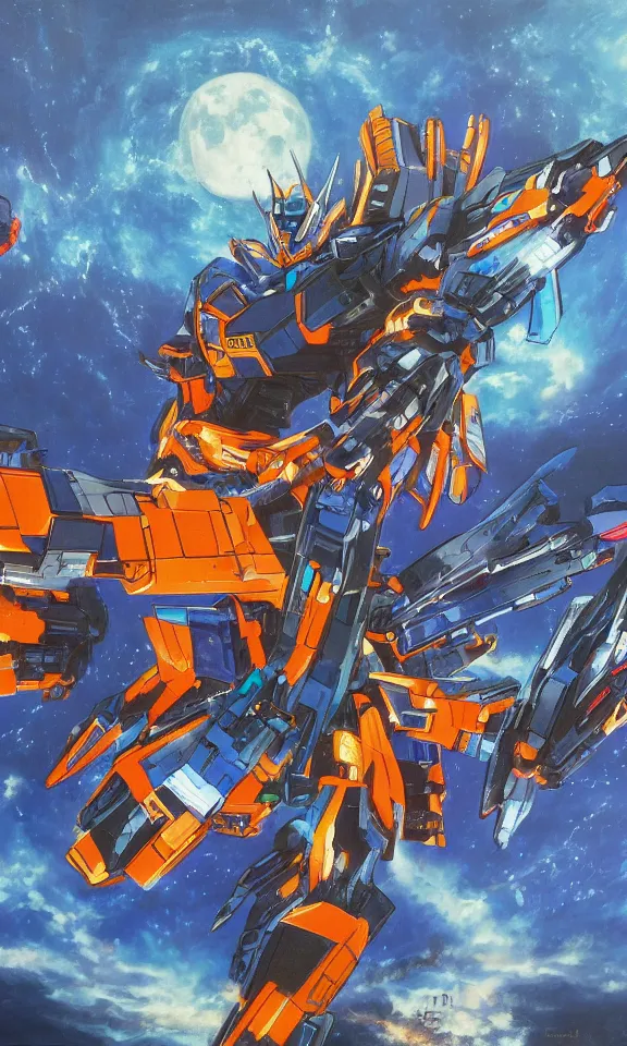 Image similar to neon gundam mecha, attacking a feudal Japanese castle, highly detailed, full moon, colours blue and orange, 8k, birds eye view, painting by karl kopinski, kim jung gius, james gurney