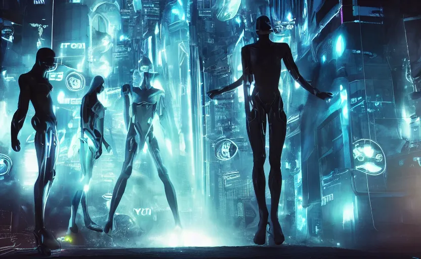 Prompt: giants hybrid of human and angels coming out of the hole in the center of planet earth, tron, close up bokeh hiperrealistic neon glow darkness dramatic neon, sharp focus, octane render, imax