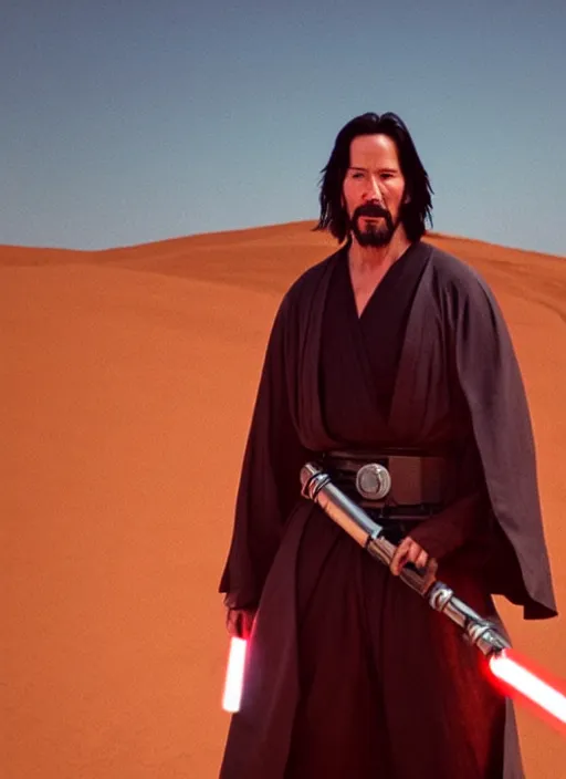 Image similar to close - up keanu reeves as a jedi holding a lightsaber, a red sand desert, 8 k, shallow depth of field, intricate detail,