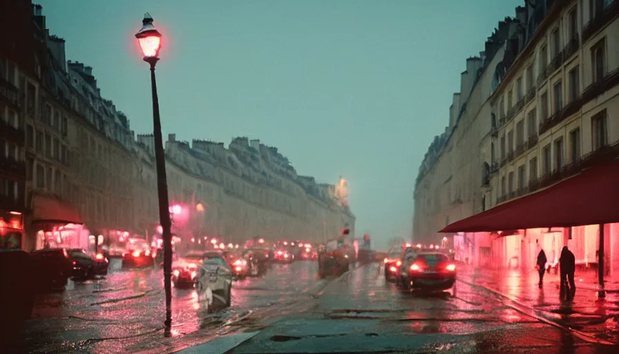Image similar to street of paris photography, night, rain, mist, a pink umbrella on the street, cinestill 8 0 0 t, in the style of william eggleston