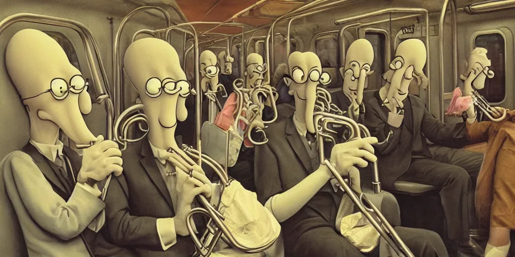 Image similar to squidward playing the clarinet on the new york subway, surrealism aesthetic, detailed facial expressions