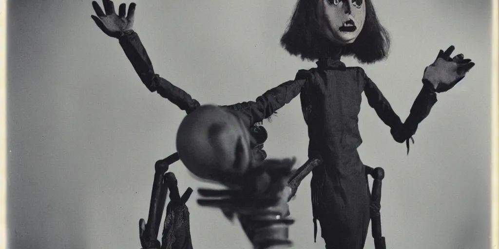 Image similar to 1 9 7 0 s female alive, eerie, creepy masked marionette puppet, other mother, morena baccarin, unnerving, clockwork horror, pediophobia, lost photograph, dark, forgotten, final photo found before disaster, realistic, vintage noir, polaroid,