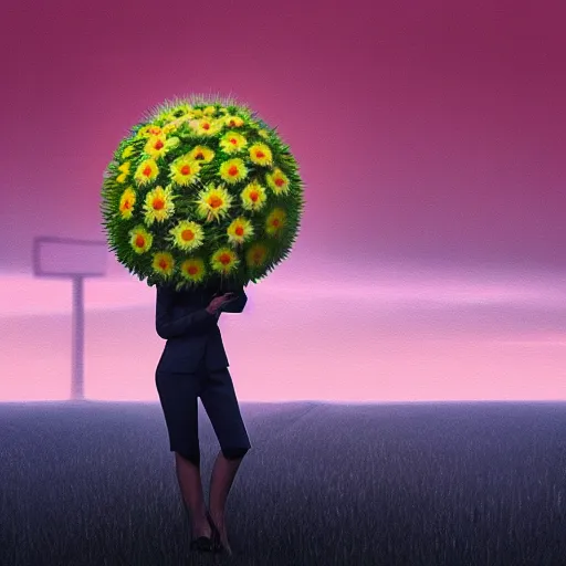 Image similar to giant daisy flower head, frontal, a girl in a suit, surreal photography, sunrise, dramatic light, impressionist painting, digital painting, artstation, simon stalenhag