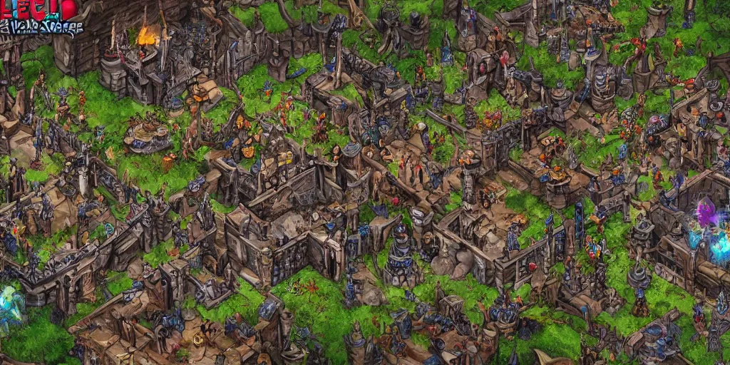 Prompt: Evil mage is standing on top of his tower, raising hands up high and leading his horde of zombies to outer lands. Isometric, high angle, big scale battle map. Highly detailed digital art, unreal engine.