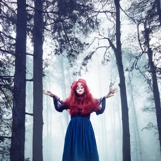 Prompt: young woman is a cottagecore witch, with rosy hair, with teal clothes, in a foggy forest, hyper - realistic, 4 k, full body, vogue photoshoot