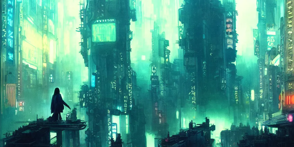 Image similar to 2 0 1 8 blade runner movie still jamie chung look at the cityscape from roof matrix perfect face fine realistic face pretty face neon puffy jacket blue futuristic sci - fi elegant by denis villeneuve tom anders zorn hans dragan bibin thoma greg rutkowski ismail inceoglu illustrated sand storm alphonse mucha