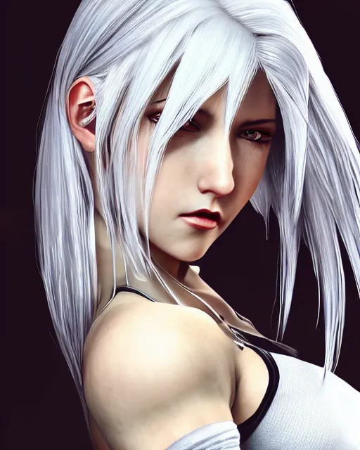 Image similar to tifa lockhart with white hair, beautiful face, perfect, attractive, illuminated, ultra realistic, atmosphere, cinematic, artstation, highly detailed, art by blair armitage and seunghee lee