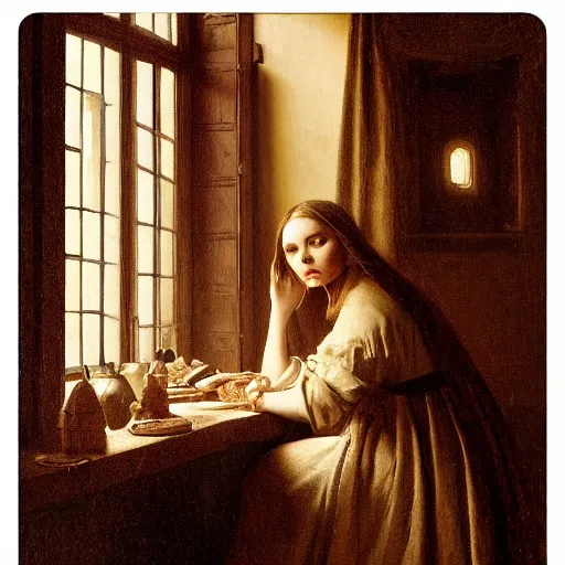 Image similar to elizabeth olsen, sitting in a dark kitchen in the medieval period, the only light illuminating is a candle on the desk, illustrated by gaston bussiere and johannes vermeer, artstation, cgsociety, artstation contest winner, artstation medieval, artstation fashion, 4 k, 8 k