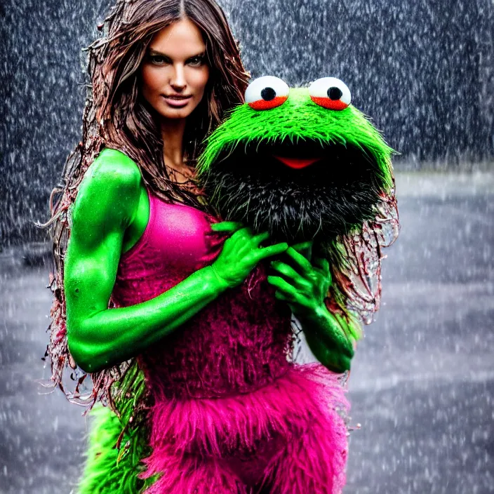 Image similar to fully body pose, photo of a very beautiful!! victoria secret model, oscar the grouch, wet hair, raining, 8 k, hdr, smooth, sharp focus, high resolution, award - winning photo, trending on artstation, dslr, 5 0 mm