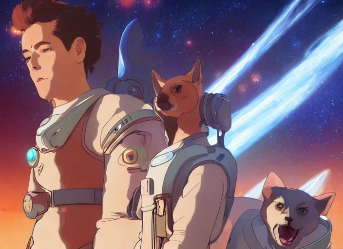 Image similar to a space handsome gay guys and their 1 0 pet space cats staring role in a musical sci - fi space opera ghibli animated film, volumetric lighting, octane render by stanley artgerm lau, greg rutkowski, thomas kindkade, alphonse mucha, loish, norman rockwel, 8 k greg rutkowski