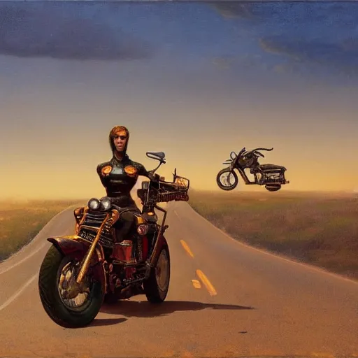 Image similar to a detailed painting of a cute caracal riding a harley davidson motorcycle with a girl. movie scene, cinematic scene, sunset, road. by beksinski and carl spitzweg and tuomas korpi. baroque elements. baroque element. intricate artwork by caravaggio. oil painting. award winning. trending on artstation. 8 k