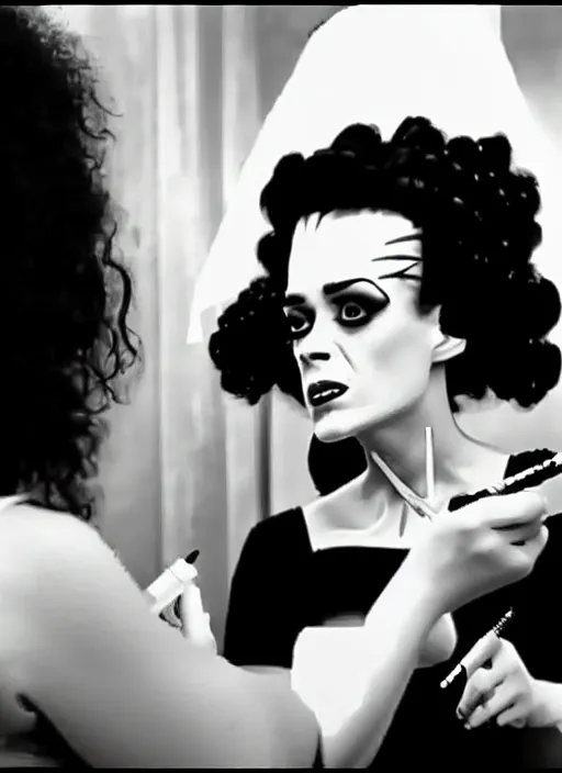 Prompt: video still from instagram, the bride of frankenstein doing a make up tutorial