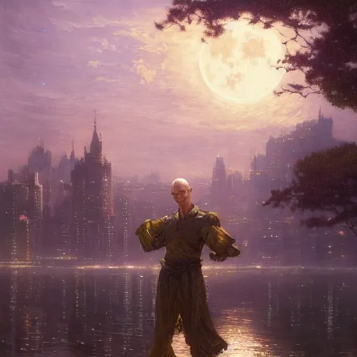 Image similar to saitama floating high in the night, fantasy, full moon in background. highly detailed painting by gaston bussiere, craig mullins, j. c. leyendecker, mid shot, 8 k realistic, cryengine, frostbite 3 engine, sharp focus