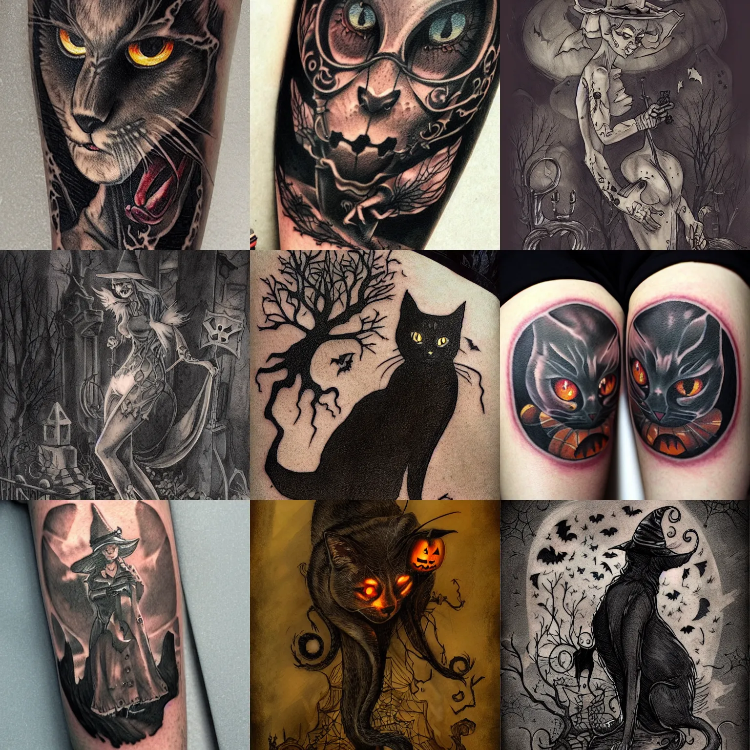 Prompt: halloween tattoo on thigh by anton pieck, black cat in graveyard at midnight, intricate, extremely detailed, digital painting, artstation, concept art, smooth, sharp focus, illustration, intimidating lighting, incredible art,