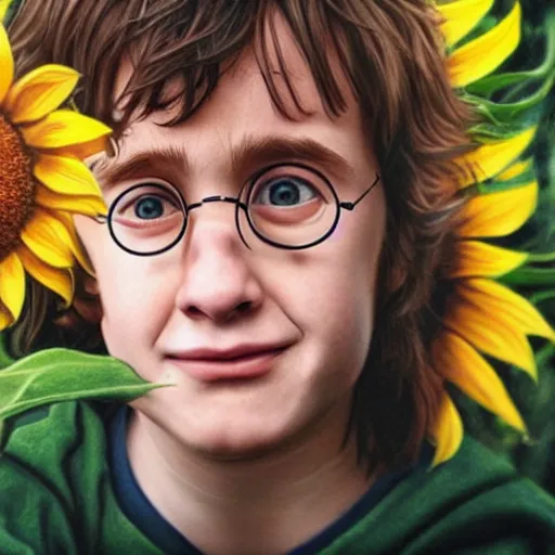 Image similar to hyperrealism portrait where harry potter appears holding and smelling a sunflower, in the background is the moon