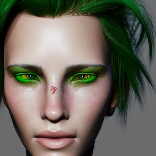 Image similar to headshot portrait, beautiful face of a girl, green eays, multicolored hair, a tear on his cheek, ultra realistic, hyperrealism, perfect faces, fine details, by brom, by gerald, 4 k, octane render, unreal engine