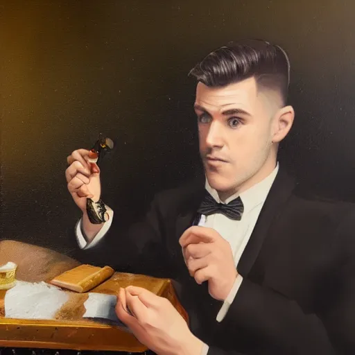 Prompt: a canvas painting of a realistic irish man with a fade haircut, lighting a cigar, wearing a suit, bowtie, and ring, highly detailed