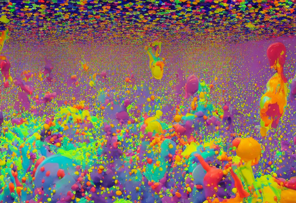 Prompt: in an art gallery with art in the style of Nickelodeon, gelatinous rainbows blobs hover over the patrons' heads, exploding and splattering all over the people. the gallery's recursive paintings of paintings are in focus