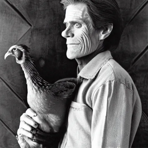Image similar to fowl willem dafoe with a fowl body,