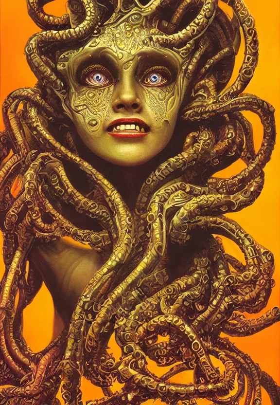 Prompt: biomechanical alien medusa, female, intense stare, sarcastic smile, symmetrical, concept art, intricate detail, volumetric shadows and lighting, realistic oil painting, 1 9 7 0 psychedelic soviet poster,