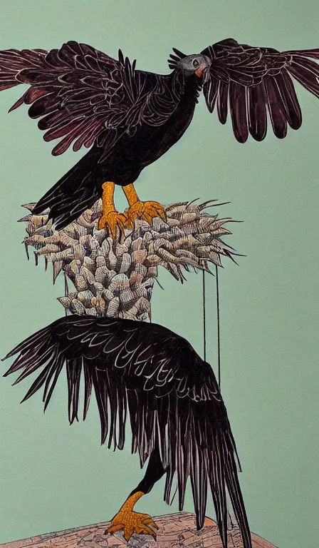 Prompt: Shen Quan's turkey vulture sitting on cactus , hanging scroll, ink and colours on silk, beautiful, muted