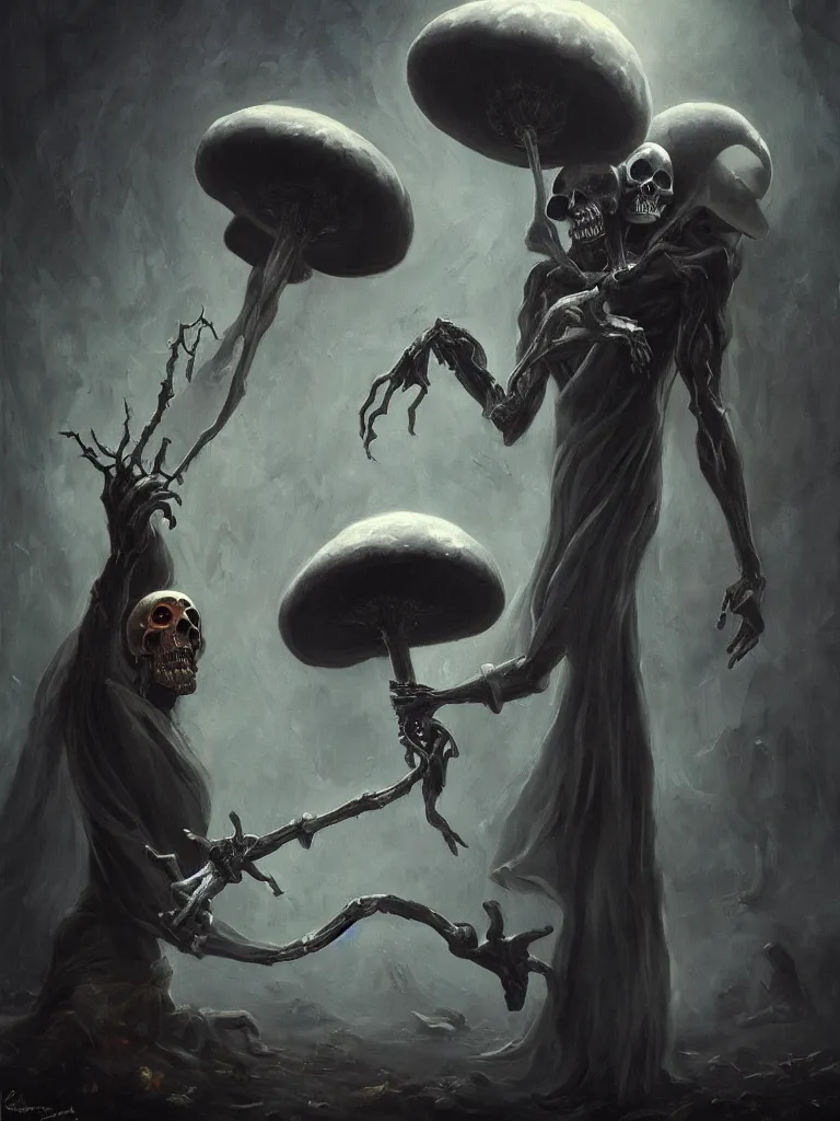 Image similar to the grim reaper pulling the soul out of a humanoid mushroom. Epic dark fantasy horror stylized oil painting by Ivan Shiskin. Trending on artstation