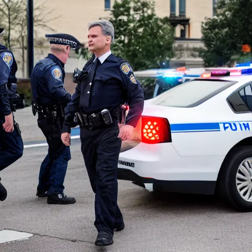 Prompt: fbi director Christopher wray getting arrested by police agents, photo 85mm, f/1.3