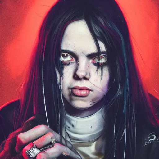 Image similar to Billie Eilish bleeding out of her eyes, cyberpunk, surrounded by smoke, award-winning art, hyperrealistic, by Sam Spratt, by Vlad Rodrig﻿u﻿e﻿z, trending on Artstation, dark, dramatic, cinematic, realistic studio lighting, raytracing, 4k, professional, canon