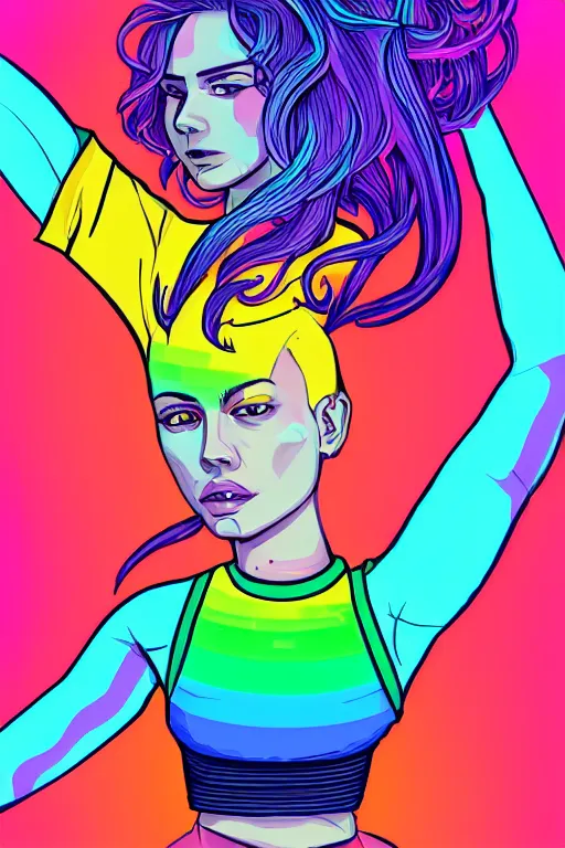 Image similar to a award winning half body portrait of a beautiful woman with stunning eyes in a croptop and cargo pants with rainbow colored ombre hairstyle head in motion and hair flying by josan gonzales, neon outlines, outrun, vaporware, shaded flat illustration, digital art, trending on artstation, highly detailed, fine detail, intricate