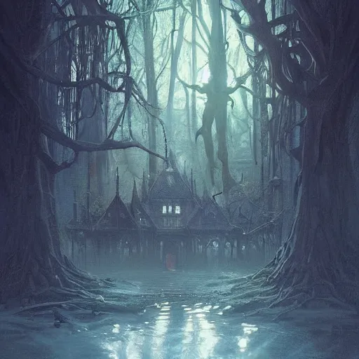 Prompt: “a magic school built inside of a haunted swamp, creepy fantasy ambience, D&D, fantasy, intricate, cinematic lighting, highly detailed, digital painting, artstation, concept art, smooth, sharp focus, illustration, art by Artgerm and Greg Rutkowski and Alphonse Mucha”