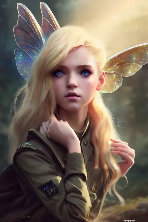 Image similar to cinematic shot of an epic portrait of a cute blonde fairy dressed in military clothes, stylised military clothes, shiny skin, beautiful eyes, beautiful, small details, night setting, realistic poster with volumetric light from craig mallism, artgerm, jeremy lipkin and michael garmash, unreal engine, radiant light, digital art, trends at art station, a masterpiece