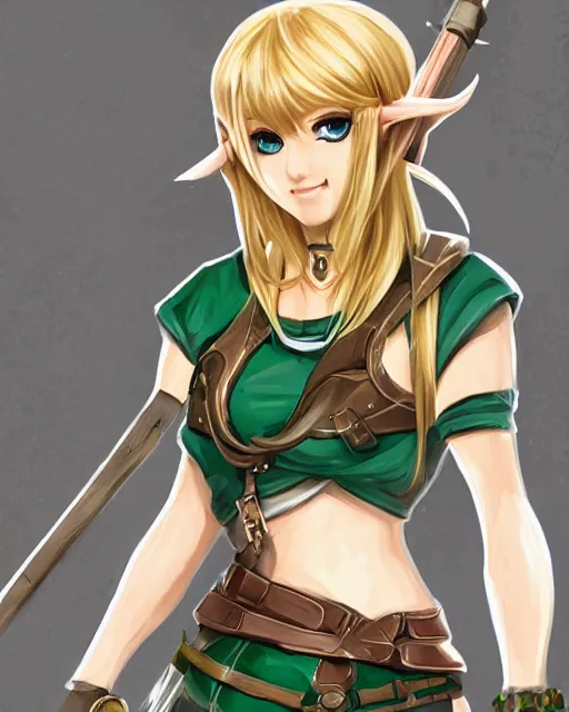 Image similar to female link, full body portrait, highly detailed, trending on pixiv, intricate