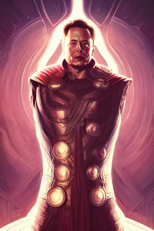 Image similar to elon musk as thor, realistic portrait, symmetrical, highly detailed, digital painting, artstation, concept art, smooth, sharp focus, illustration, cinematic lighting, art by artgerm and greg rutkowski and alphonse mucha