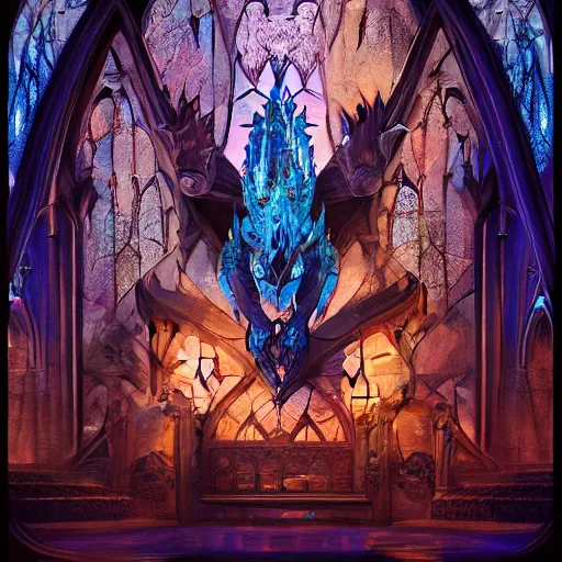 Prompt: Blue-Eyes Gothic Stone Dragon with the body of stained glass cathedral gothic architecture detailed phisiology yugioh anime collosal monolithic high definition ultra realistic 8k octane render on artstation golden hour detailed concept art, Eddie Mendoza, Dan Mumford, Craig Mullins