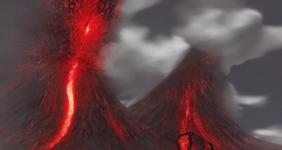 Image similar to a volcano made of ivory vines and crimson rocks enters in eruption, it spits a smoke in the shape of demonic eye, from Berserk