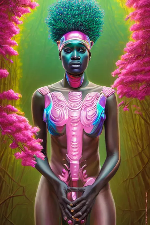 Prompt: illustration neoclassical cinematic super expressive! yoruba goddess with exoskeleton armor, merging with tree in a forest, pink yellow flowers, highly detailed digital art masterpiece, smooth etienne sandorfi eric zener dramatic pearlescent soft teal light, ground angle hd 8 k, sharp focus
