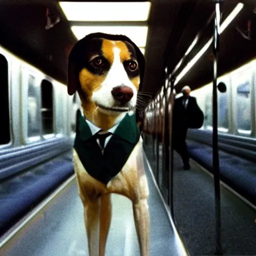 Image similar to a dog wearing a business suit on a subway train, 1 9 7 0 colour photography