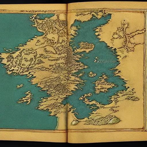 Image similar to fantasy map of an ancient land of Odrua in the Fantasy world of Lute, showing continents archipelagos cities mountains deserts rivers coastlines kingdoms by JRR Tolkien by Brian Froud and Yoshida Hiroshi