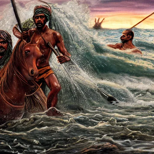 Prompt: water body, single bangla farmer fighting on hoseback, hand to hand combat with machete, wielding machete, full body view, long flowing water hair, fighting for his life, stormy ocean surrounding subject, horseback combat attacker foreground, background of invading army, nestor canavarro hyperrealist art style, sharp outlines