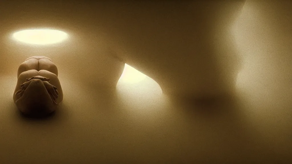 Image similar to a strange creature crawls on the living room ceiling, film still from the movie directed by Denis Villeneuve with art direction by Zdzisław Beksiński, wide lens