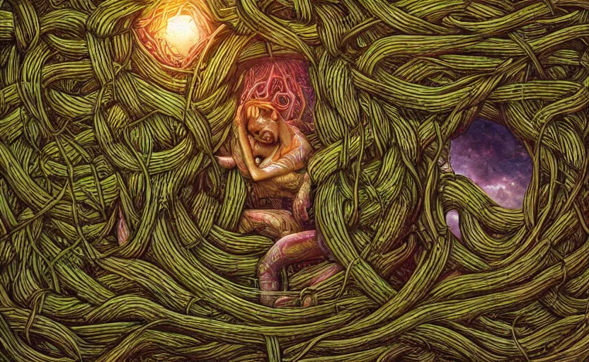 Image similar to a person trapped in the fetal position inside of extremely thick vines intertwined, central circular composition, high saturation, epic lighting, in the style of Peter gric and Hannah yata 8k