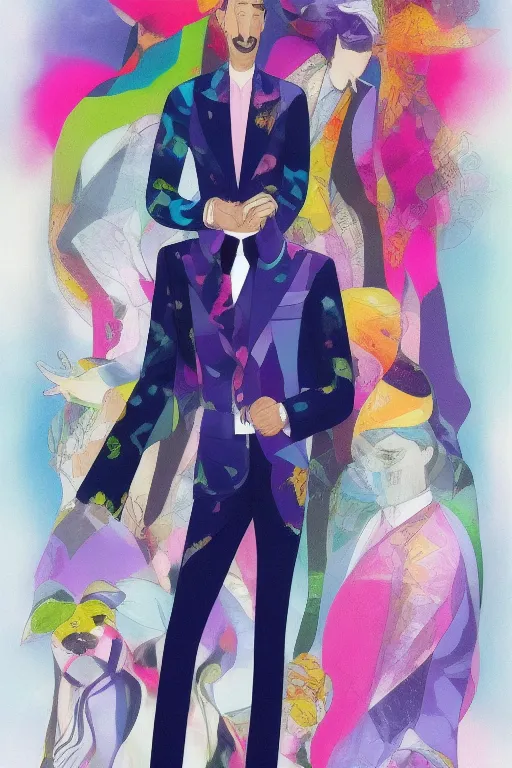 Image similar to male powersuit dapper look artwork of high - end haute couture bespoke fashion by ali sabet, lisa frank & sho murase