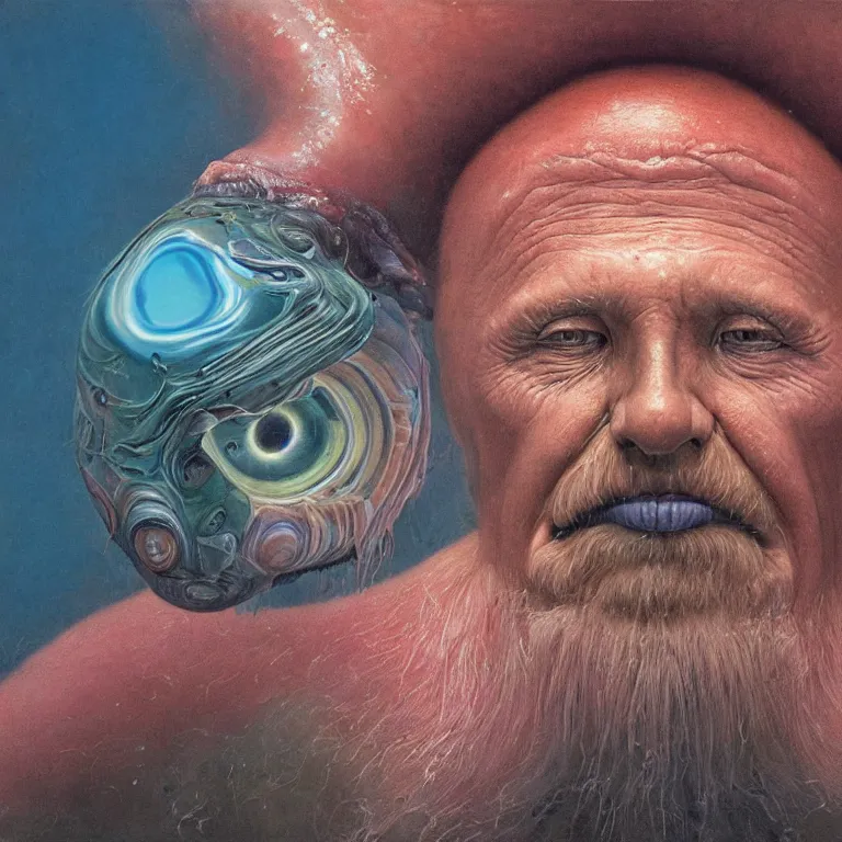 Image similar to Hyperrealistic intensely colored close up studio Photograph portrait of a deep sea bioluminescent Kevin Pollak, symmetrical face realistic proportions eye contact, sitting in His throne underwater, award-winning portrait oil painting by Norman Rockwell and Zdzisław Beksiński vivid colors high contrast hyperrealism 8k