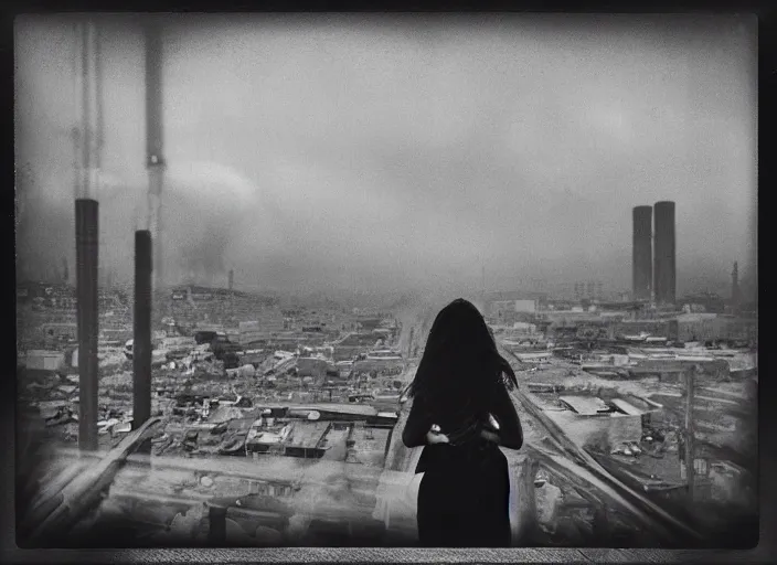 Image similar to mysterious sad girl wrapped in smoke observing a big industrial city metropoli in the distance, cloudy sky, polaroid artistic photo