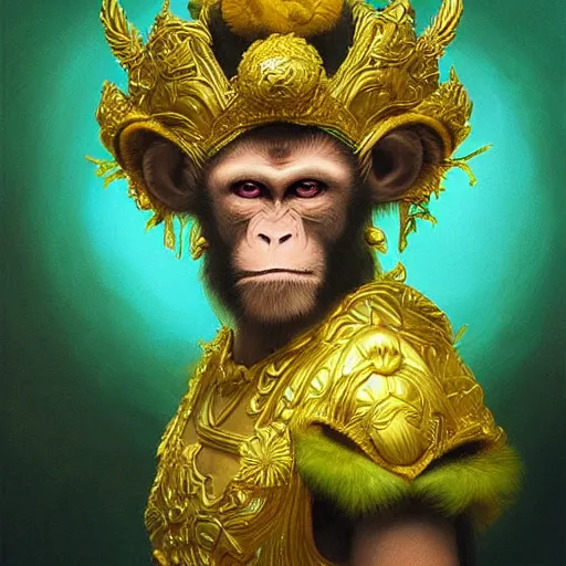 Image similar to monkey king of the mountains, gold and green, portrait, by Anato Finnstark, Tom Bagshaw, Brom