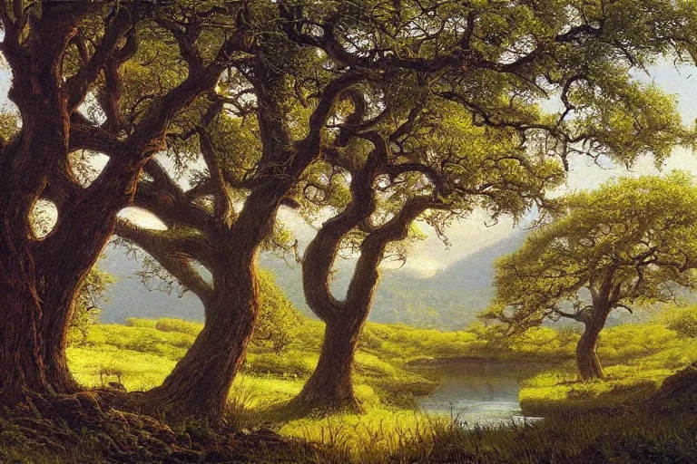 Image similar to masterpiece painting of oak trees on a hillside overlooking a creek, dramatic lighting, by james gurney