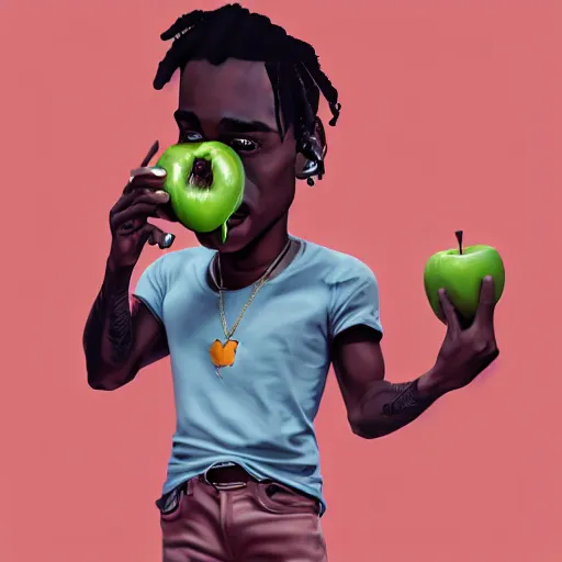 Image similar to caricature of travis scott eating apple, artstation, 8 k, cgsociety, high detalied, high quality,