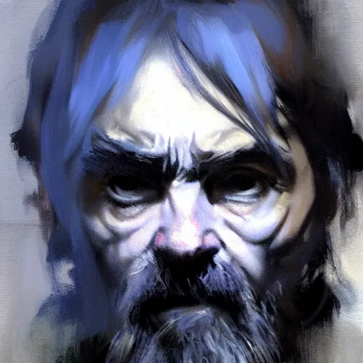 Prompt: portrait of charles manson in shades of grey but with blue by jeremy mann