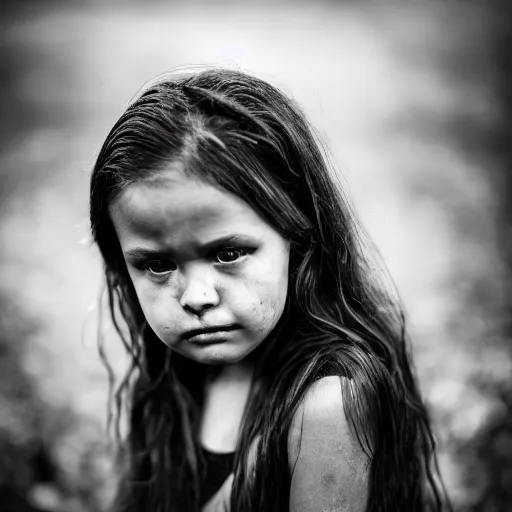 Prompt: stunning portrait photography of A sad child, near forest, outdoors, dark from national geographic award winning, large format dramatic lighting, taken with canon 5d mk4, sigma art lens, monochrome
